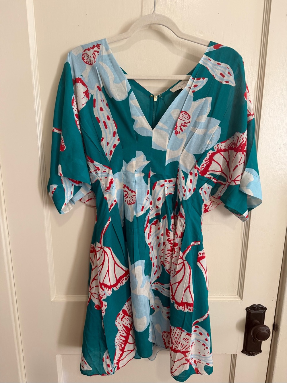 Cleobella Teal Floral V-Neck Midi Dress with White & Red Accents